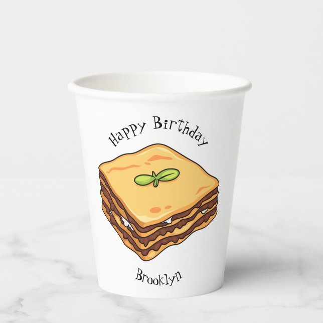 Vasos De Papel Ilustración de dibujos animados de lasaña  (Anverso)