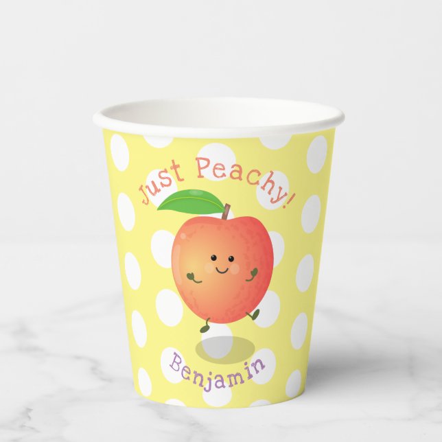 Vasos De Papel Ilustración de dibujos animados de melocotón feliz (Anverso)