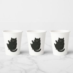 Vasos De Papel Ilustración de gato negro gordo y lindo Lazy Chonk