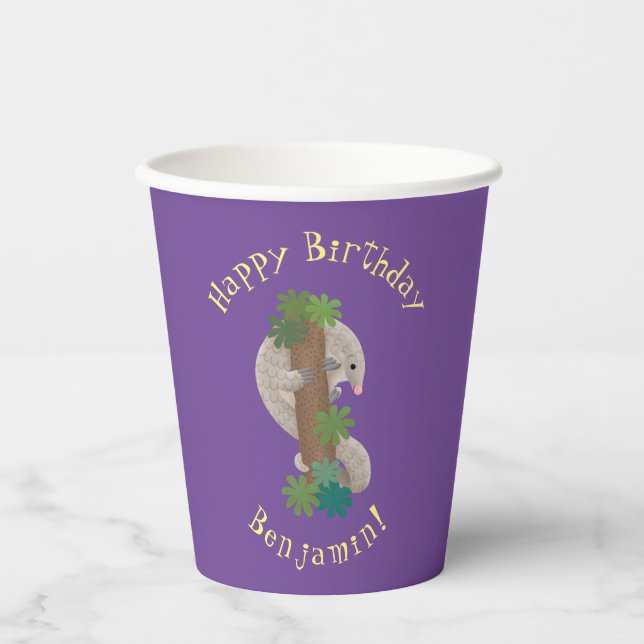 Vasos De Papel Ilustracion de hormigón de pangolin feliz (Anverso)