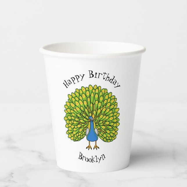 Vasos De Papel Ilustracion de pájaro pavo real (Anverso)