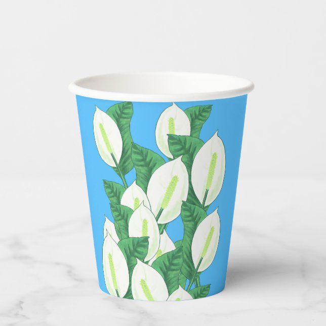 Vasos De Papel Ilustracion Lirio de Paz Blanca Azul pálido (Anverso)