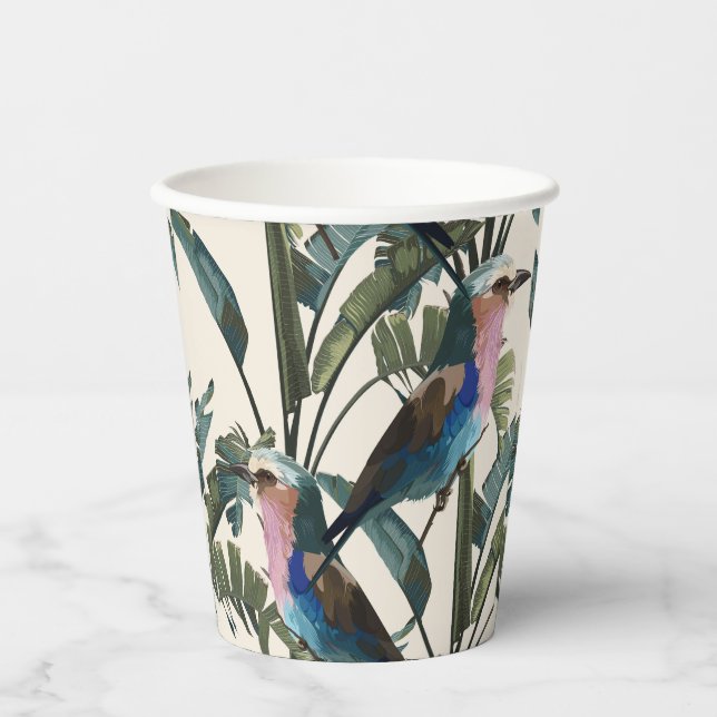 Vasos De Papel Ilustraciones de hojas de plátanos exóticas, pájar (Anverso)