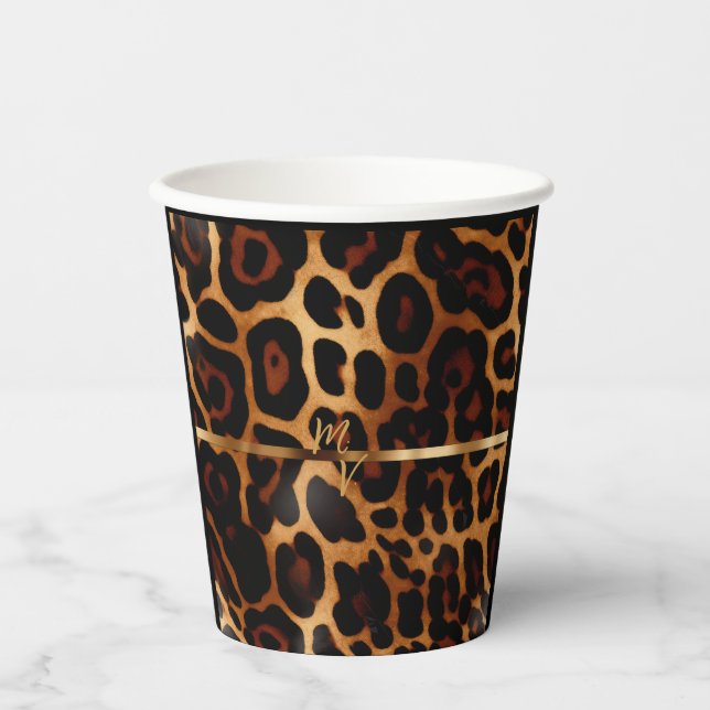 Vasos De Papel Impresión de leopardo monogramado elegante (Anverso)