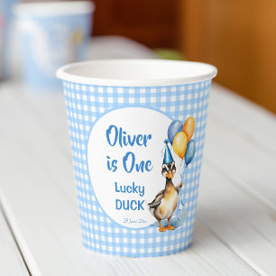 Vasos De Papel Impresión de un cumpleaños de gingham azul de pato
