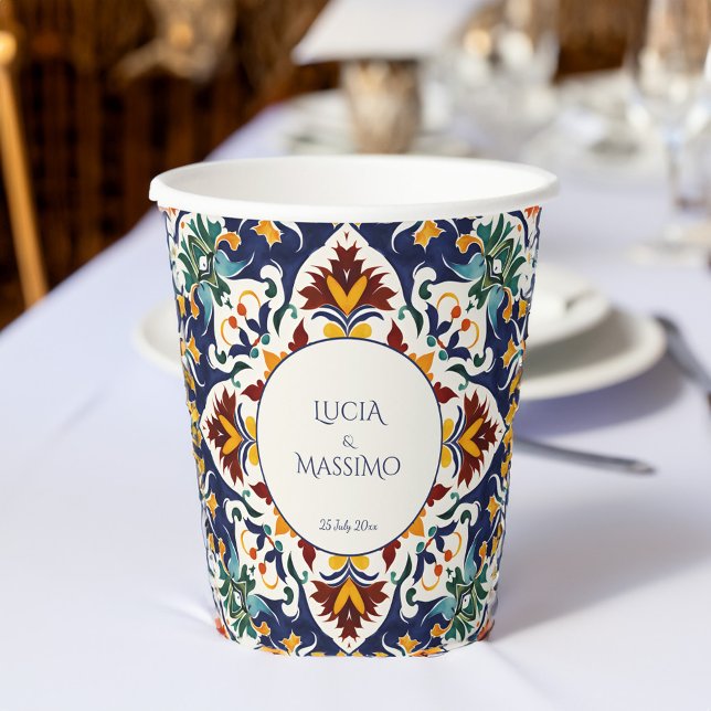 Vasos De Papel Impresión del boda azul mediterráneo Azulejo (Azulejo blue colorful Portuguese Morocco Mediterranean wedding monogram printed Cups table decor)