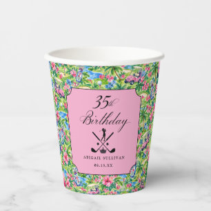 Vasos De Papel Impresión golf preppy rosa verde cumpleaños 35