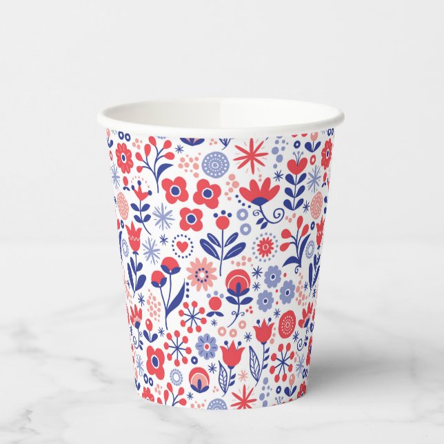 Vasos De Papel Inicial | Patrón floral azul y coral (Izquierda)