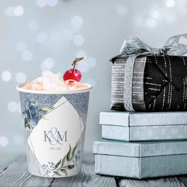 Vasos De Papel Iniciales Bodas de espárragos florales Dusty Blue  (Subido por el creador)