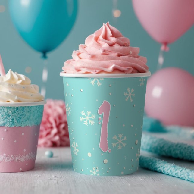 Vasos De Papel Invierno Cumpleaños Copo de Nieve Aqua Blue Baby & (Winter baby first birthday snowflake party cup, cute aqua blue snowy wonderland theme w/ pink number)