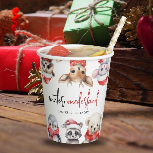 Vasos De Papel Invierno Onederland 1er cumpleaños Cate Animals (Personalized winter ONEderland paper cups 1st birthday)