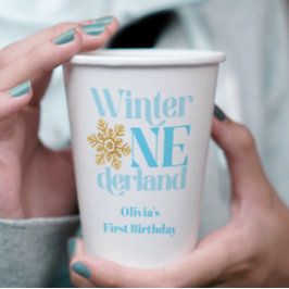 Vasos De Papel Invierno Onederland Copo de Nieve Azul Dorado Cump