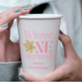 Vasos De Papel Invierno Onederland Copo de Nieve Rosa Dorado Cump