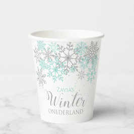 Vasos De Papel Invierno ONEderland Luz Verde Teal Plateado Copo d