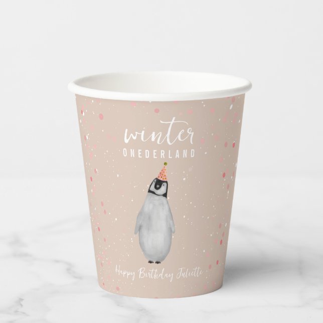 Vasos De Papel Invierno Onederland Pink Birthday Penguin Birthday (Anverso)