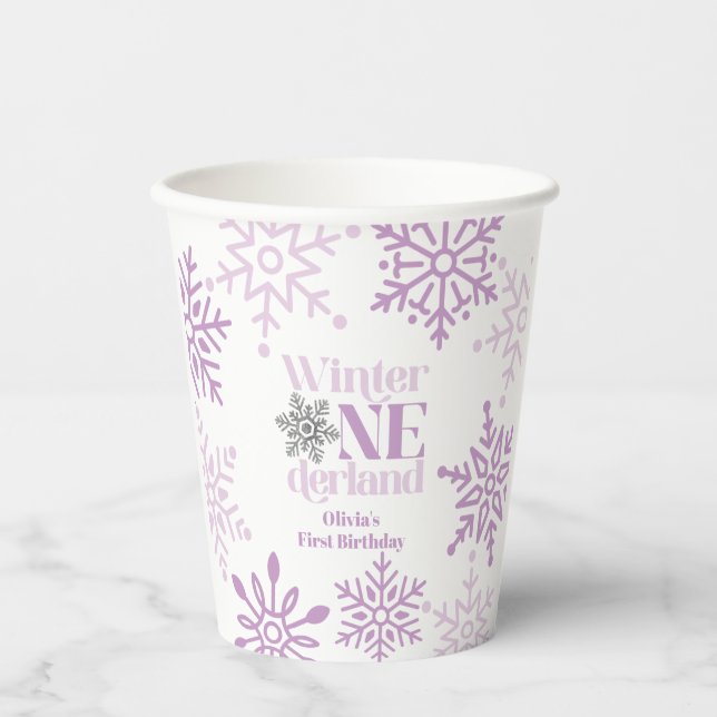 Vasos De Papel Invierno Onederland Purple Snowflake Primer cumple (Anverso)