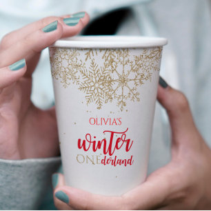 Vasos De Papel Invierno ONEderland Rojo con Copo de Nieve Dorado 