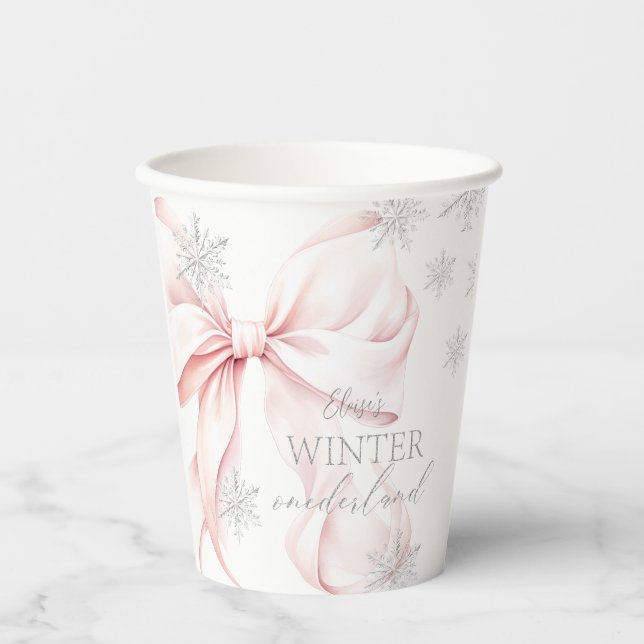 Vasos De Papel Invierno rosa Onederland Plata Primer cumpleaños (Anverso)