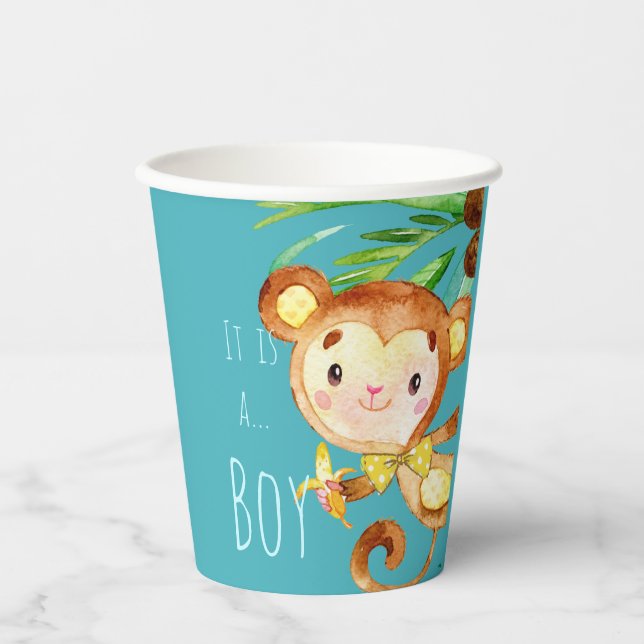 Vasos De Papel Invitación Blue Cute Monkey Baby Boy (Anverso)