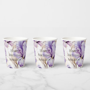 Vasos De Papel Iris Floral Cumpleaños Crema Púrpura