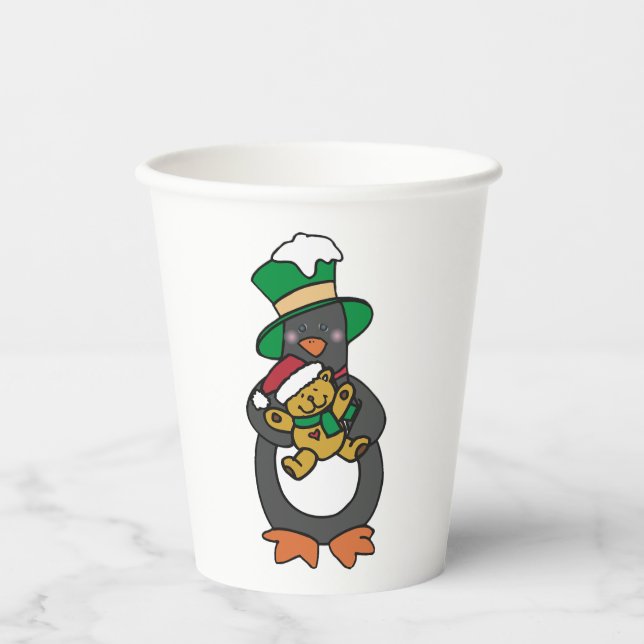 Vasos De Papel Irish Penguin Holding Christmas Teddy Bear (Anverso)