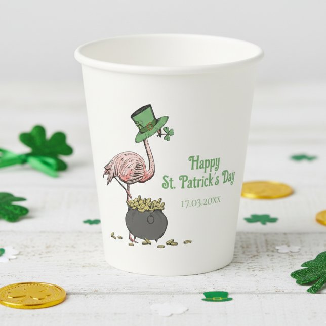 Vasos De Papel Irish Shamrock Flamingo St. Patrick’s Day Party (Festive Irish Happy St Patrick's Day Party Paper Cups. Funny Pink Flamingo and Green Leprechaun Hat)