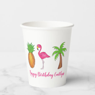 Vasos De Papel Isla Tropical Palm Tree Pineapple Flamingo Rosa
