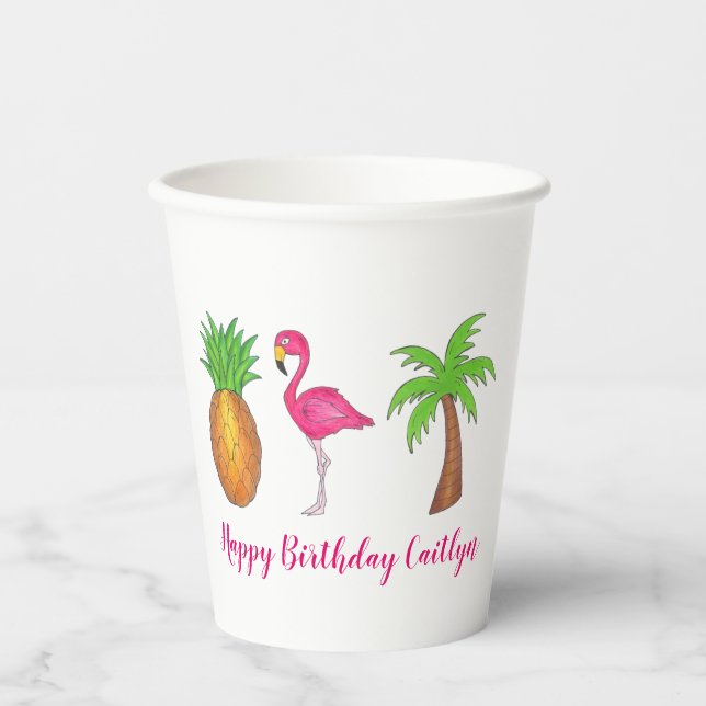 Vasos De Papel Isla Tropical Palm Tree Pineapple Flamingo Rosa (Anverso)