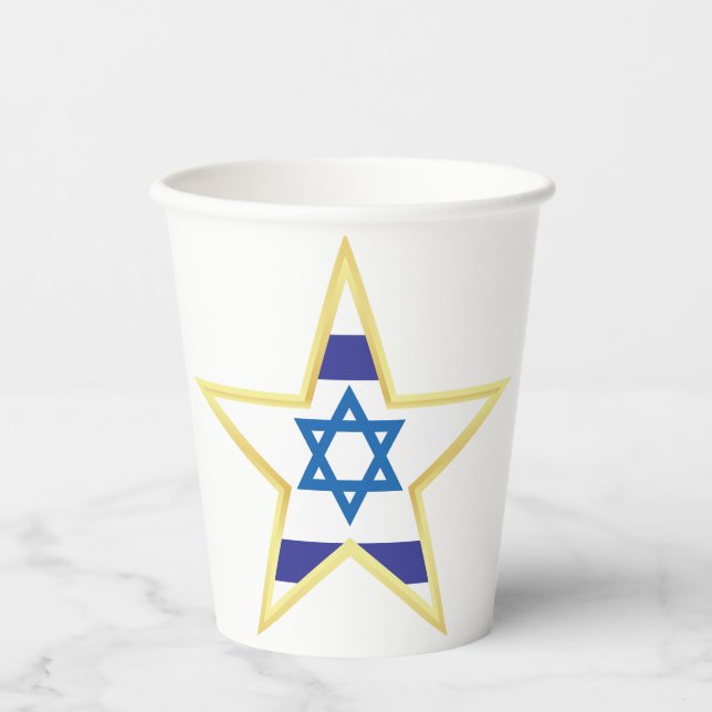 Vasos De Papel Israeli Flag Star of David Gold Trimmed (Anverso)