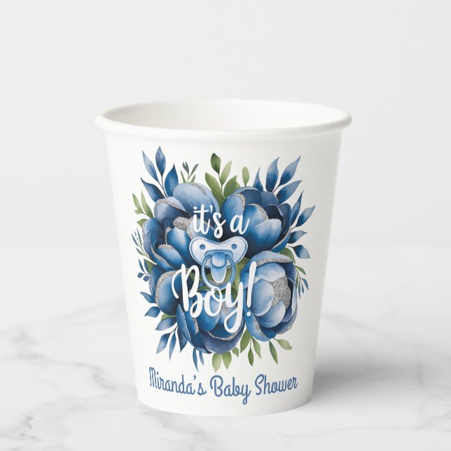 Vasos De Papel It's a Boy! Pacificador pintado y Baby Shower Peon (Anverso)