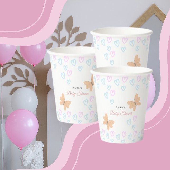 Vasos De Papel It's a Girl Cute handdrawn butterflies Baby Shower (It's a Girl Cute handdrawn school watercolor Baby Shower Cartoon Paper Cup/wight color.)