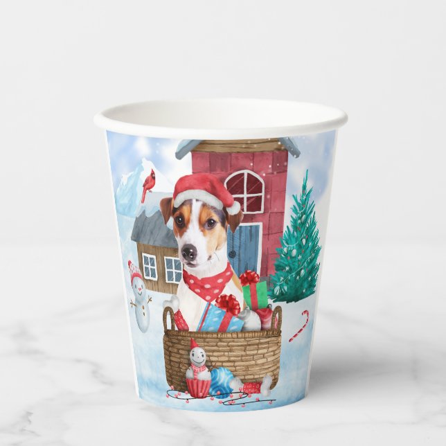 Vasos De Papel Jack Russell Dog En La Casa De Perros De Navidades (Anverso)