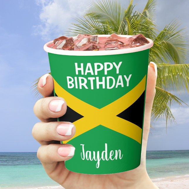 Vasos De Papel Jamaica Verde Negro y Oro Bandera Jamaicana Cumple (Jamaica Green Black & Gold Jamaican Flag Birthday Paper Cups)