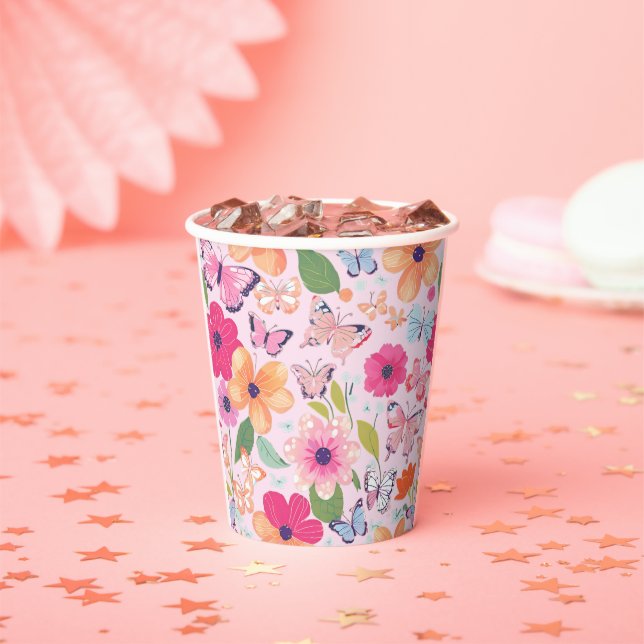 Vasos De Papel Jardín de flores rosadas (in situ)