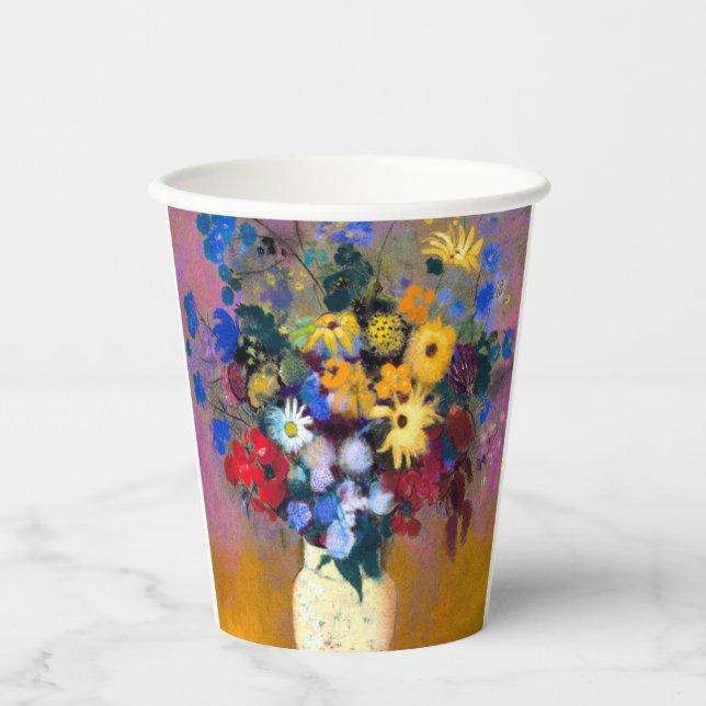Vasos De Papel Jarrón blanco con flores Odilon Redon (Anverso)