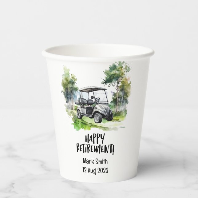 Vasos De Papel Jubilación de golf con carro sobre la acuarela ver (Anverso)