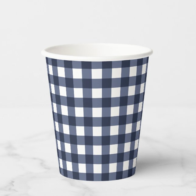 Vasos De Papel Jugada de verificación de Gingham azul marino (Anverso)