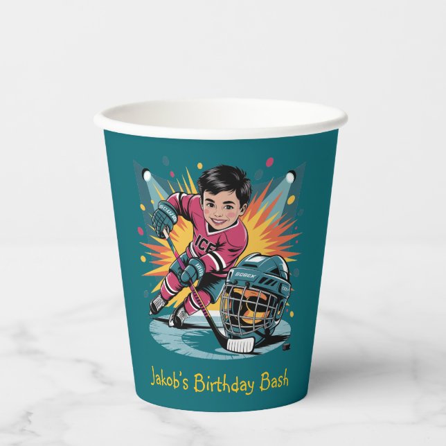 Vasos De Papel Jugador de hockey pop Art Bash cumpleaños (Anverso)