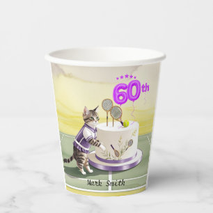 Vasos De Papel Jugador de tenis 60º cumpleaños con pastel en la c