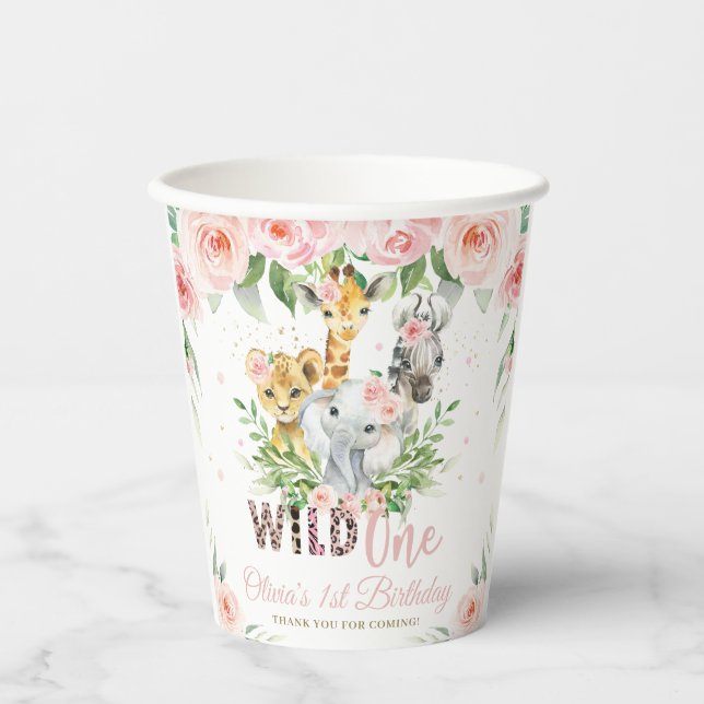 Vasos De Papel Jungle Animals Pink Floral 1er cumpleaños Wild One (Anverso)
