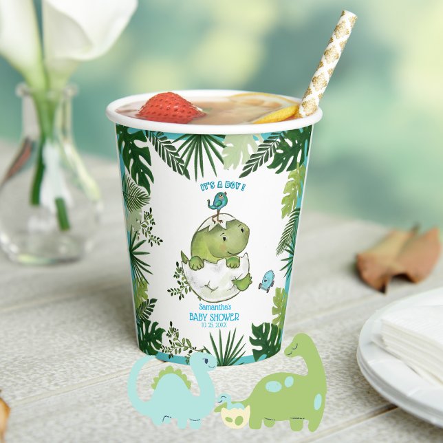 Vasos De Papel Jungle Leaves and Hatching Dino Boy Baby Shower  ( Jungle Leaves and Hatching Dino Boy Baby Shower Paper Cups )