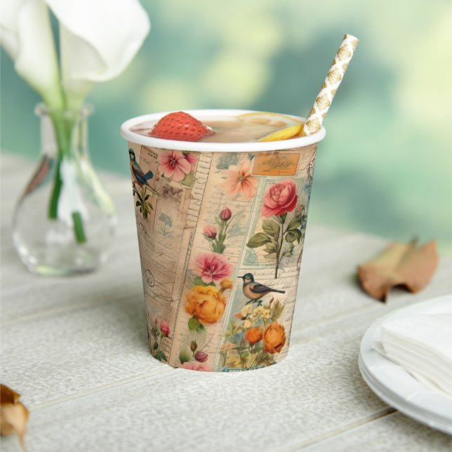 Vasos De Papel Junk Journal Seite mit Blumen + Vögel -  (in situ)