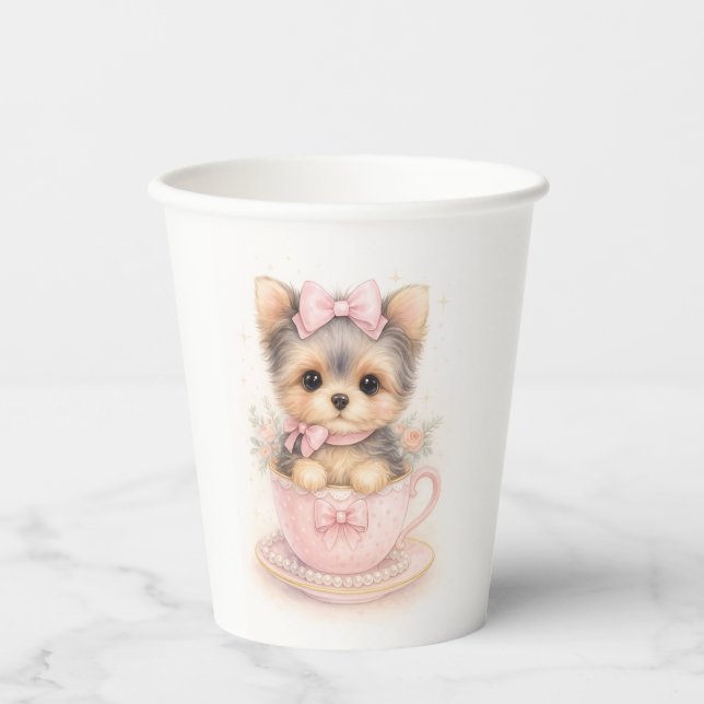 Vasos De Papel Kawaii Yorkie Teacup Birthday Paper Cups  (Anverso)