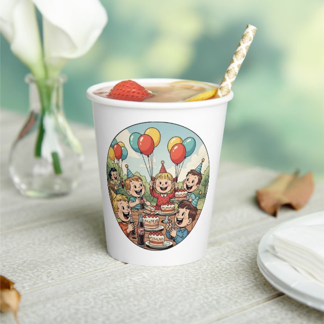 Vasos De Papel Kids Enjoying their Cakes, Sodas and Balloons (in situ)