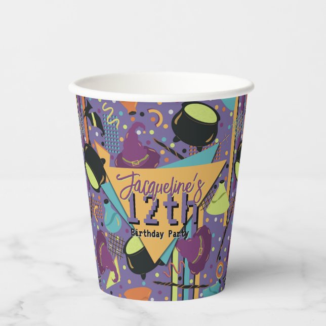 Vasos De Papel Kids Purple Retro Witchy Halloween Cumpleaños (Anverso)