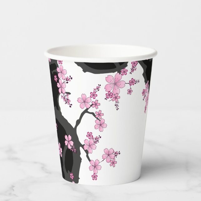 Vasos De Papel Kimono japonés Sakura negro y rosa blanco (Reverso )