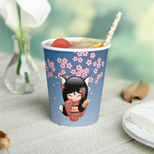 Vasos De Papel Kitsune Kokeshi Doll - Chica negro Fox Geisha