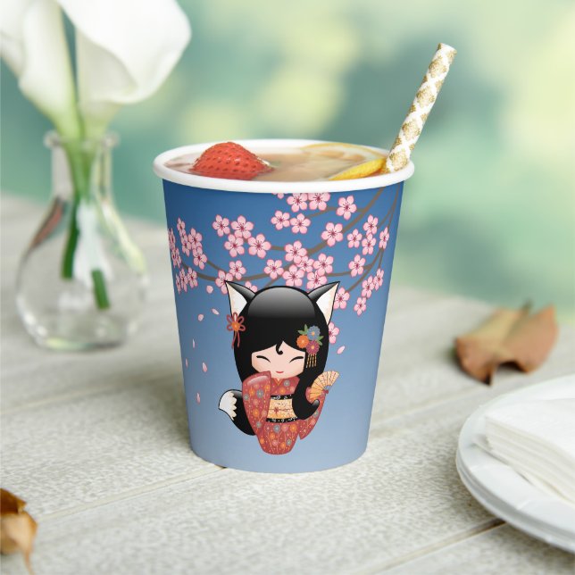 Vasos De Papel Kitsune Kokeshi Doll - Chica negro Fox Geisha (in situ)