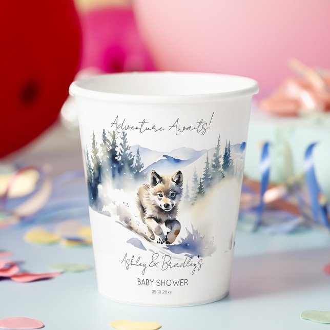 Vasos De Papel La aventura temática del lobo espera una ducha de  (Wolf themed baby shower tableware personalized paper cups watercolor cute wolf cub in winter)