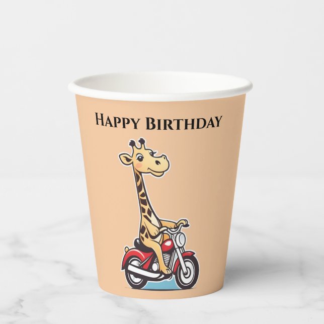 Vasos De Papel La Divertida Giraffe Personalizado En Motocicleta, (Anverso)